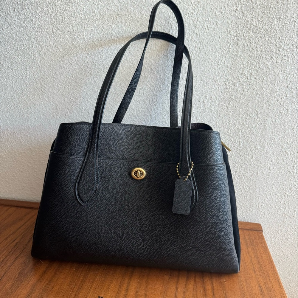 Large Coach Lora Caryall Shoulder Bag Suede Pebble Leather Black Gold Brass